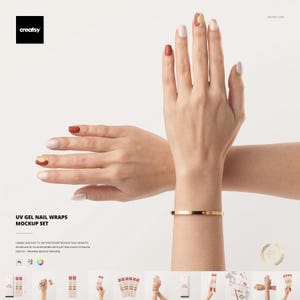 May include: A mockup set of UV gel nail wraps. The image shows two hands with different nail designs in shades of white, brown, and gold. A gold bracelet is on one wrist. The text "UV GEL NAIL WRAPS MOCKUP SET" is visible.