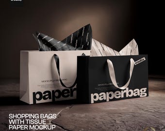 Shopping Bags with Tissue Paper PSD Mockup for Retail Branding
