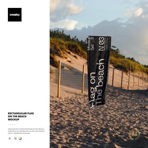 May include: A black rectangular flag mockup on a sandy beach with the text "Flag on The beach". The flag is on a wooden pole. The background includes a fence, sand dunes, and a cloudy sky.