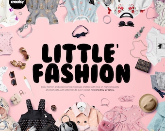 Puede incluir: Una colección de ropa y accesorios para bebé que incluye vestidos, chaquetas, zapatos, gafas de sol y bolsos sobre un fondo rosa con el texto "LITTLE FASHION" y "Baby fashion and accessories mockups crafted with love on highest quality photoshoots, with attention to every detail. Powered by Creatsy."