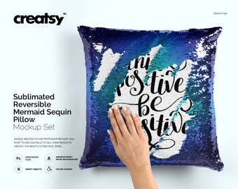 Sublimated Reversible Mermaid Sequin Pillow Mockup Set, Mermaid Pillow Mockup, Sequin Pillow Template, Hidden Message, Sequin Cushion, Case