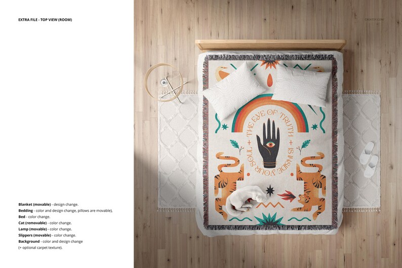 K&ouml;nnte beinhalten: Eine gewebte Wolldecke mit einem farbenfrohen Design, das eine Hand mit einem Auge, Tiger und den Text "The Eye of Truth + Is Inside Your Soul" zeigt.