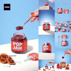 May include: A collection of images showcasing a jar of "POP JAM" with a red label and white text. The jam is a deep red color, and the images include a spoon, fruit slices, and a striped lid. The background is a bright blue.
