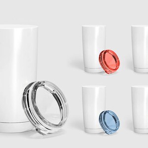 May include: A set of four white stainless steel tumblers with different colored lids. The lids are red, blue, light blue, and purple. The tumblers are all the same size and shape.