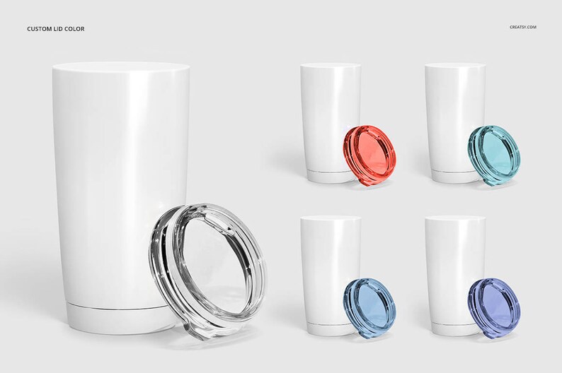 May include: A set of four white stainless steel tumblers with different colored lids. The lids are red, blue, light blue, and purple. The tumblers are all the same size and shape.