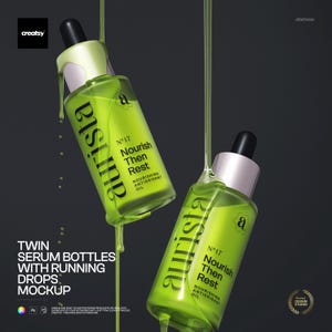 Puede incluir: Dos frascos de suero verdes con cuentagotas negros y detalles plateados. Los frascos tienen el texto "aurista" y "N°17 Nourish Then Rest Nourishing Antioxidant Oil". Los frascos están posicionados con gotas de líquido.