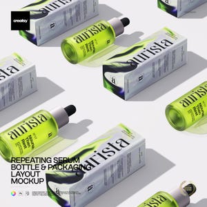 Op de afbeelding: Een bovenaanzicht van meerdere groene serumflessen en hun verpakking. De flessen hebben een druppelaar en zijn voorzien van de tekst "aurista" en "Nourish Then Rest". De verpakking is wit met een groen en zwart ontwerp en het "aurista"-logo.