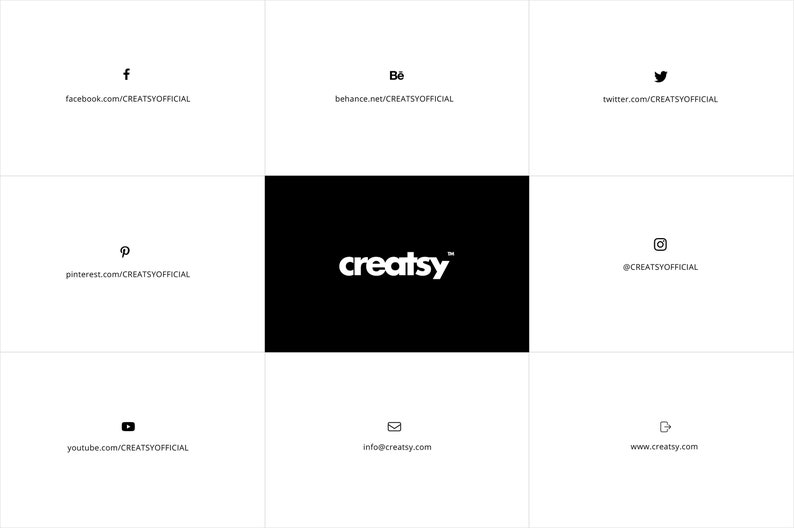 K&ouml;nnte beinhalten: Ein wei&szlig;es Textlogo auf schwarzem Hintergrund, das "creatsy" mit einem Warenzeichen-Symbol lautet. Unter dem Logo befinden sich Links zu den Social-Media-Konten des Unternehmens, darunter Facebook, Behance, Twitter, Pinterest, Instagram, YouTube und ihre Website.