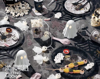 Halloween Party Table Setting PSD Mockup for Seasonal Tableware Designs