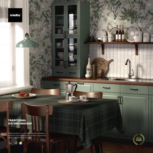 Puede incluir: Maqueta de cocina tradicional con gabinetes verde salvia, un mantel a cuadros y papel tapiz floral. La escena incluye un gabinete con puertas de vidrio, una mesa con tazas y una cafetera. El texto "TRADITIONAL KITCHEN MOCKUP" es visible.