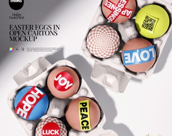 Easter Eggs in Open Cartons PSD Mockup with Multiple Egg Designs