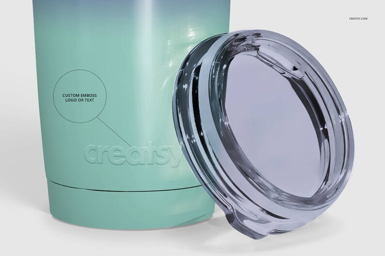 May include: A teal and blue stainless steel tumbler with a clear lid. The tumbler has a white logo that says "creaisy" and the text "Custom Emboss Logo or Text".