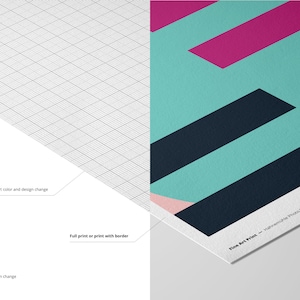 May include: A mockup of a printed design on a white paper background. The design features a teal background with black and pink geometric shapes. The text "Fine Art Print -  High-resolution Photo Rag" is visible in the bottom right corner. The paper can be customized with different colors and designs. The background can also be customized with different colors and designs. The print can be ordered with or without a border.