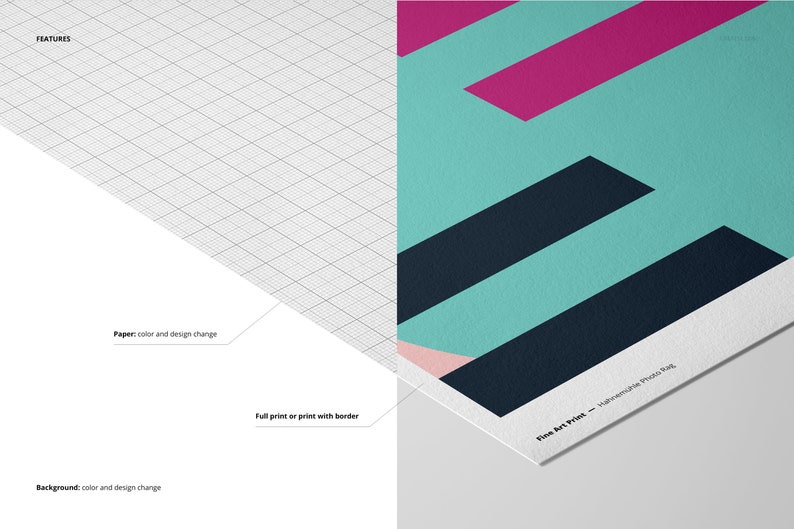 May include: A mockup of a printed design on a white paper background. The design features a teal background with black and pink geometric shapes. The text "Fine Art Print -  High-resolution Photo Rag" is visible in the bottom right corner. The paper can be customized with different colors and designs. The background can also be customized with different colors and designs. The print can be ordered with or without a border.