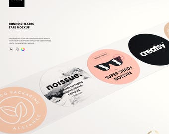 Könnte beinhalten: Ein Mockup mit runden Aufklebern auf einem Klebeband. Die Aufkleber zeigen verschiedene Designs, darunter ein Logo, Sonnenbrillen und den Text "noissue". Die Farben sind Schwarz, Weiß und Pfirsich.