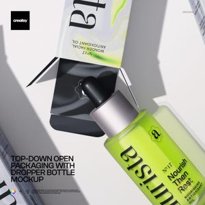 May include: A top-down view of a green dropper bottle and packaging. The bottle has a silver cap and black dropper. The packaging is white with black and green accents. Text on the bottle reads "Nourish Then Rest" and "Wonder Facial Antioxidant Oil."