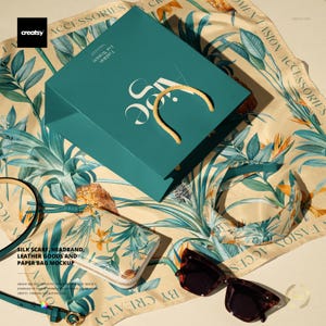 Silk Scarf, Headband, Leather Goods and Paper Bag Mockup