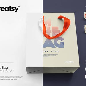 Conjunto de maquete de sacola de presente, foto de saco de papel, sacola de papel Kraft, sacolas de presente personalizadas, alças de cetim, maquete de sacolas de festa, etiquetas, papel personalizado, embalagem