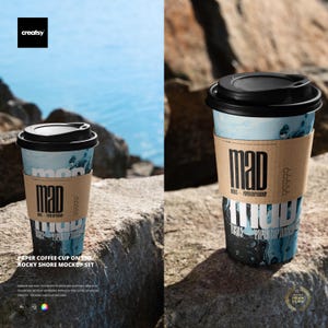 Set di mockup di tazze da caffè di carta sulla costa rocciosa