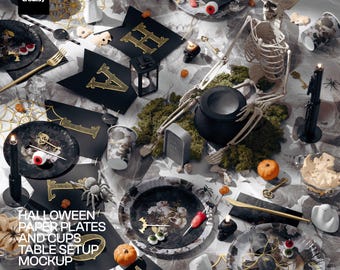 Halloween Paper Plates and Cups Table Setup PSD Mockup with Editable Partyware
