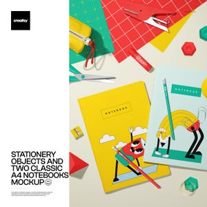 May include: A flat lay of stationery items including two notebooks, a pencil case, scissors, and a stapler. The notebooks are yellow and light blue with illustrations. The background features colourful paper and geometric shapes. The text "STATIONERY OBJECTS AND TWO CLASSIC A4 NOTEBOOKS MOCKUP" is visible.