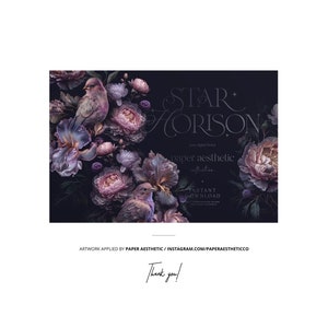 May include: A digital illustration of a floral arrangement with purple and pink flowers, green leaves, and two birds. The text "STAR HORISON" is written in a decorative font above the flowers. The text "paper aesthetic" is written below the flowers. The text "INSTANT DOWNLOAD" is written below the text "paper aesthetic".