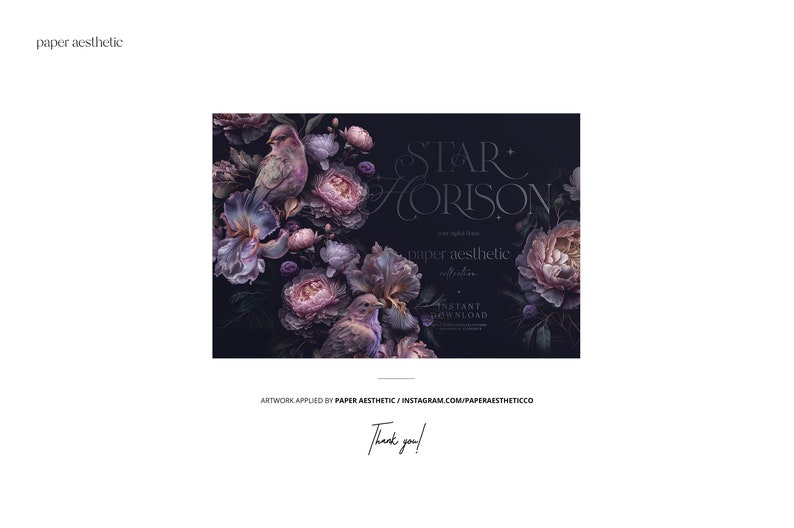 May include: A digital illustration of a floral arrangement with purple and pink flowers, green leaves, and two birds. The text "STAR HORISON" is written in a decorative font above the flowers. The text "paper aesthetic" is written below the flowers. The text "INSTANT DOWNLOAD" is written below the text "paper aesthetic".