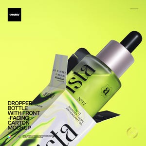 May include: A mockup of a dropper bottle with a front-facing carton, set against a bright yellow background. The bottle is filled with a green liquid and has a silver cap and black dropper. The carton displays the text "ista" and "Wonder Facial Antioxidant Oil".