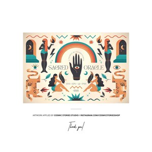K&ouml;nnte beinhalten: Eine farbenfrohe Illustration mit mystischem Thema. Sie zeigt eine Hand mit einem Auge in der Handfl&auml;che, zwei Frauen mit wallendem Haar, Tiger und die Worte "Heiliges Orakel".