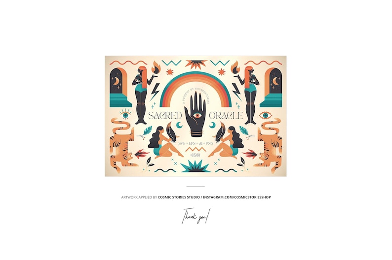 K&ouml;nnte beinhalten: Eine farbenfrohe Illustration mit mystischem Thema. Sie zeigt eine Hand mit einem Auge in der Handfl&auml;che, zwei Frauen mit wallendem Haar, Tiger und die Worte "Heiliges Orakel".
