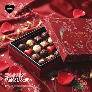 Peut inclure: Une boîte rouge en velours contenant des chocolats assortis, avec un motif floral sur le couvercle. La boîte contient des chocolats de différentes formes et couleurs, dont des cœurs et des sphères. Le texte "Pralines Collection" est visible.