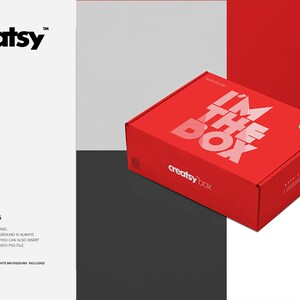 May include: A red box with the text "I'm the Box" in white letters. The box has a white logo that says "creatsy box".