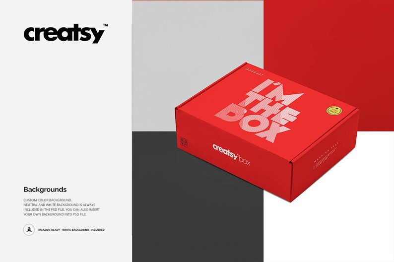 May include: A red box with the text "I'm the Box" in white letters. The box has a white logo that says "creatsy box".