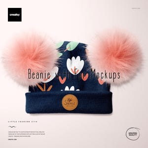 May include: A navy blue beanie with a floral pattern and two large pink pom-poms. The beanie has a brown leather patch with the word "Salazi" on it. The text "Beanie with Fur Mockups" is visible.