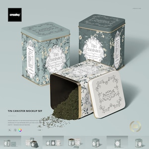 Tin Canister Mockup Set Square Metal Container Packaging Template Label Design Preview