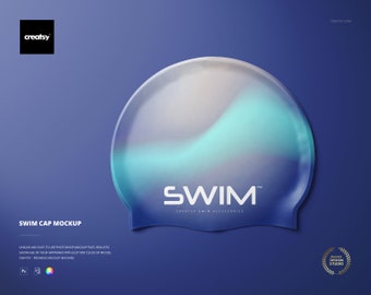 May include: A blue and green swim cap mockup with the word "SWIM" and the text "CREATSY SWIM ACCESSORIES" printed on it.