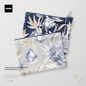 May include: Two flat canvas pouches with floral patterns. One pouch is navy blue with white and tan flowers, the other is light gray with blue and tan flowers. Each pouch has a zipper closure. The dimensions are 11 x 8.5 cm.