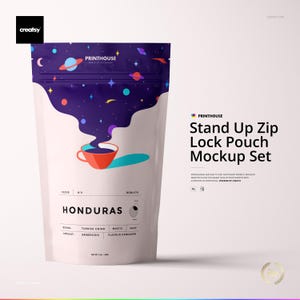 May include: A white stand-up zip lock pouch mockup with a colourful design. The pouch features a red coffee cup with steam rising into a purple and blue space-themed background. Text on the pouch reads "HONDURAS".