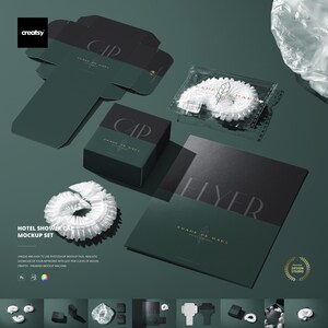 May include: A hotel shower cap mockup set featuring a dark green and black color scheme. The set includes a box, flyer, and shower caps. The text "CAP" and "FLYER" are visible. The mockup set is designed by Creatsy.