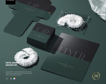 May include: A hotel shower cap mockup set featuring a dark green and black color scheme. The set includes a box, flyer, and shower caps. The text "CAP" and "FLYER" are visible. The mockup set is designed by Creatsy.
