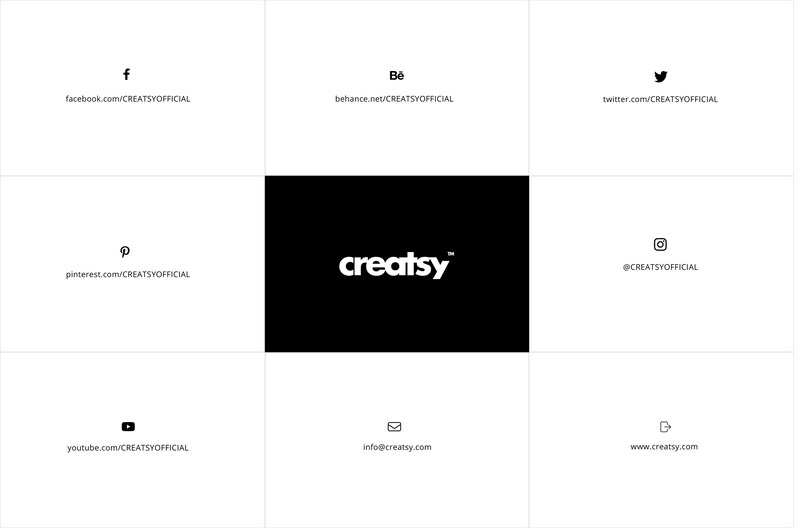 Puede incluir: Un logotipo de texto blanco sobre un fondo negro que dice "creatsy" con un s&iacute;mbolo de marca registrada. Debajo del logotipo hay enlaces a las cuentas de redes sociales de la empresa, incluidas Facebook, Behance, Twitter, Pinterest, Instagram, YouTube y su sitio web.