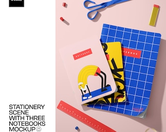 Briefpapierscène met mockup met drie notitieboekjes