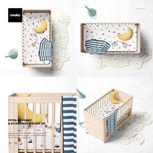 May include: A light wood crib with a fitted sheet featuring a nautical pattern of boats and a yellow crescent moon pillow. A blue and white striped blanket and a wooden teething ring are also included. The text "FITTED CRIB SHEET & ACCESSORIES MOCKUP SET" is visible.