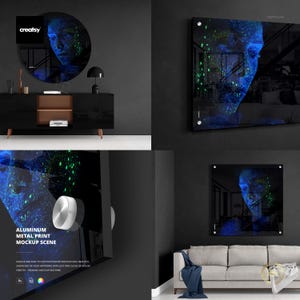 May include: A black metal print mockup scene featuring a portrait with blue and green accents. The image includes the text "ALUMINUM METAL PRINT MOCKUP SCENE" and "creatsy". The scene includes a round mirror and a sofa.