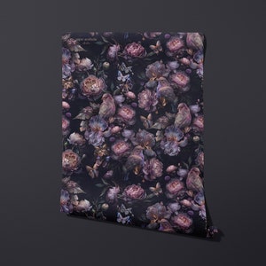 May include: A dark blue wallpaper with a floral pattern featuring pink and purple flowers, birds, and butterflies.