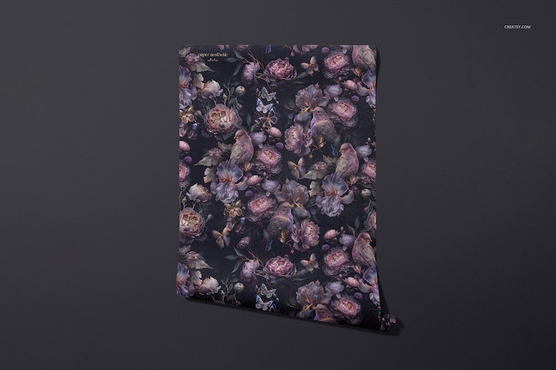 May include: A dark blue wallpaper with a floral pattern featuring pink and purple flowers, birds, and butterflies.