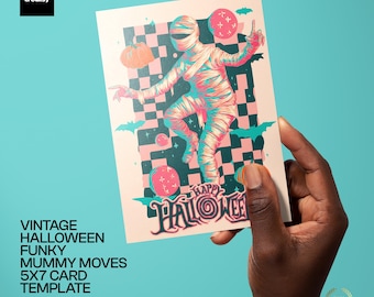 Vintage Halloween Dancing Mummy 5x7 Folded Card PSD Template