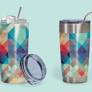 May include: Two stainless steel tumblers with a geometric pattern in shades of blue, red, and yellow. The tumblers have lids and straws.