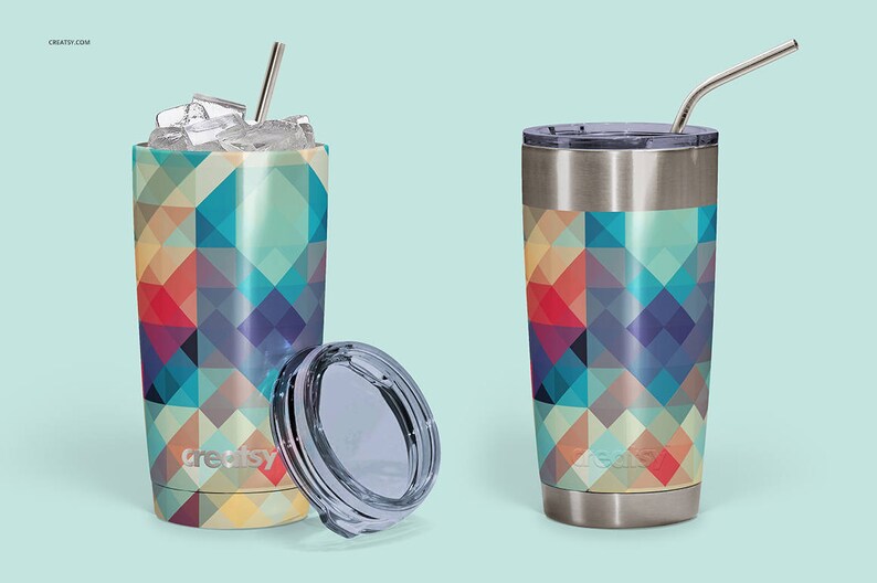 May include: Two stainless steel tumblers with a geometric pattern in shades of blue, red, and yellow. The tumblers have lids and straws.