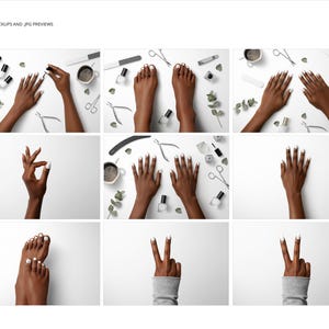 May include: A series of images displaying manicured hands and feet with white nail polish. The images include nail polish bottles, manicure tools, and coffee cups, arranged on a white surface. The theme is beauty and nail care.